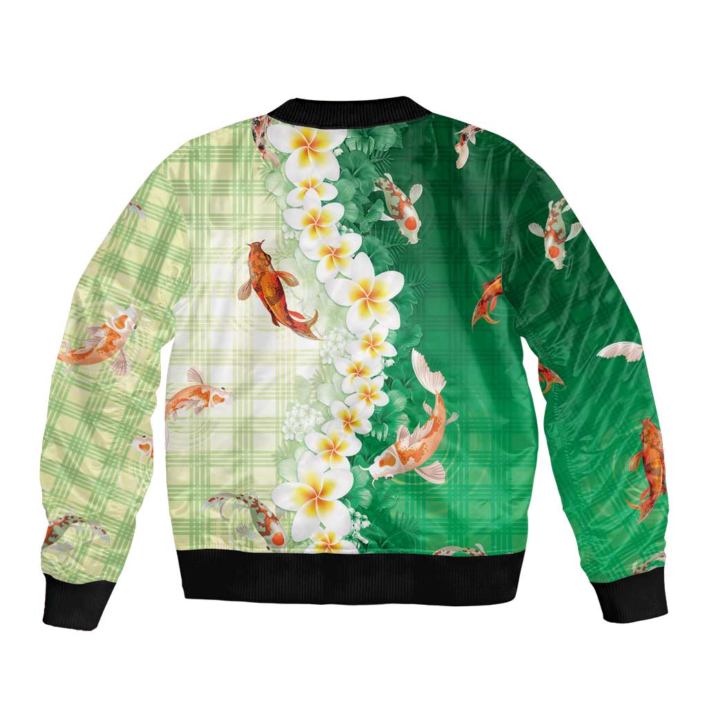 Hawaii And Japan Sleeve Zip Bomber Jacket Plumeria Lei With Koi Fish Green - Polynesian Pride