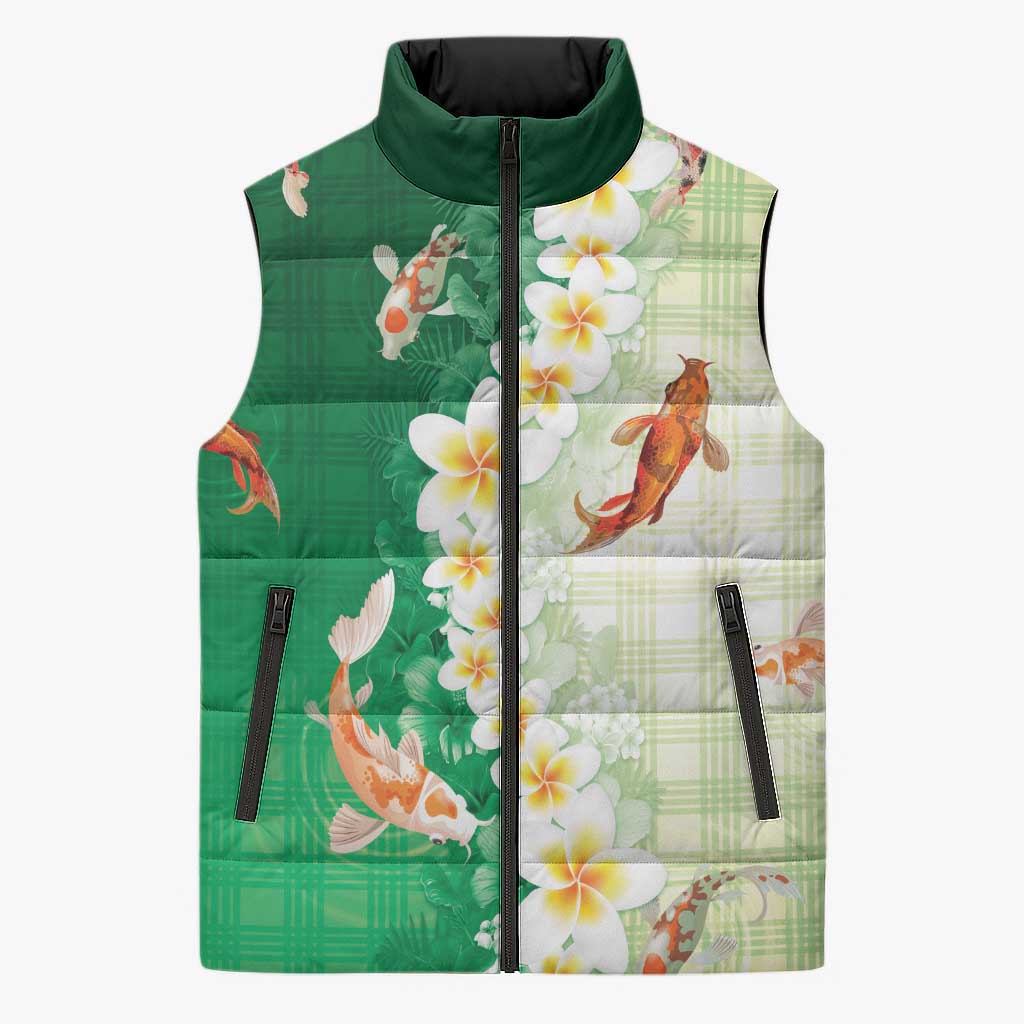 Hawaii And Japan Sleeveless Puffer Jacket Plumeria Lei With Koi Fish Green - Polynesian Pride