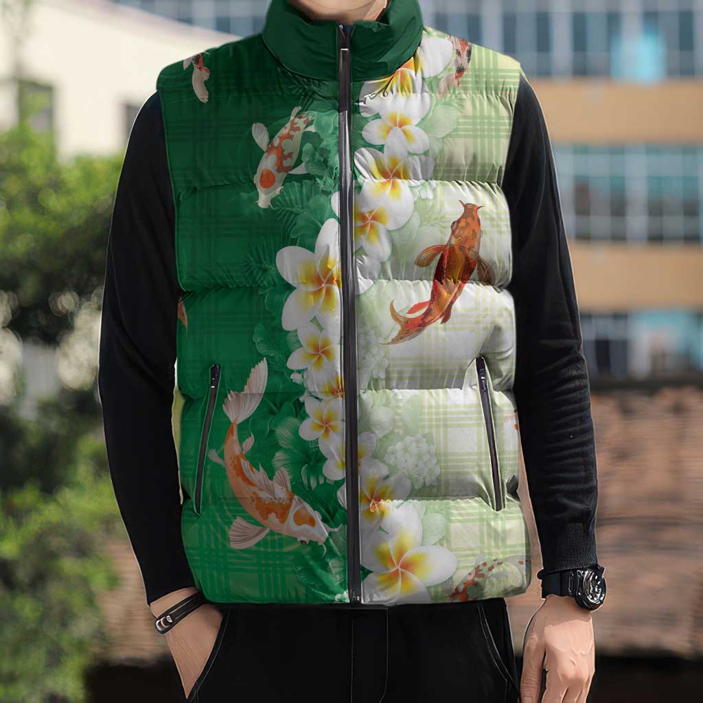Hawaii And Japan Sleeveless Puffer Jacket Plumeria Lei With Koi Fish Green - Polynesian Pride