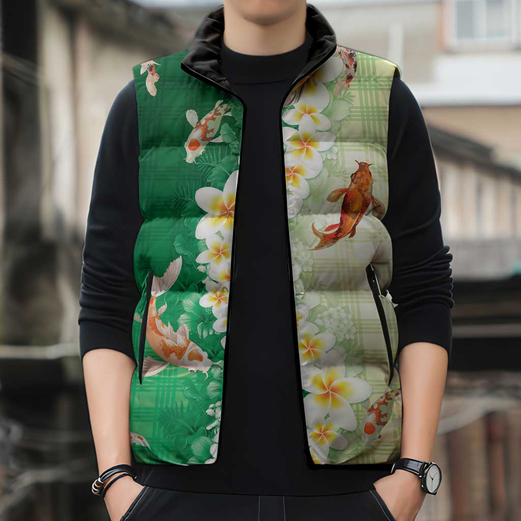 Hawaii And Japan Sleeveless Puffer Jacket Plumeria Lei With Koi Fish Green - Polynesian Pride