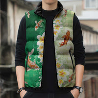 Hawaii And Japan Sleeveless Puffer Jacket Plumeria Lei With Koi Fish Green - Polynesian Pride