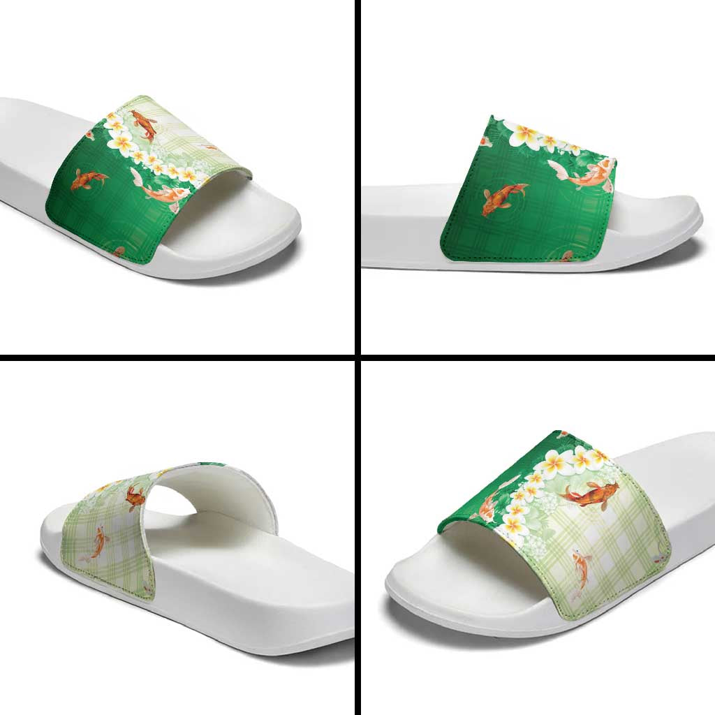 Hawaii And Japan Slide Sandals Plumeria Lei With Koi Fish Green - Polynesian Pride