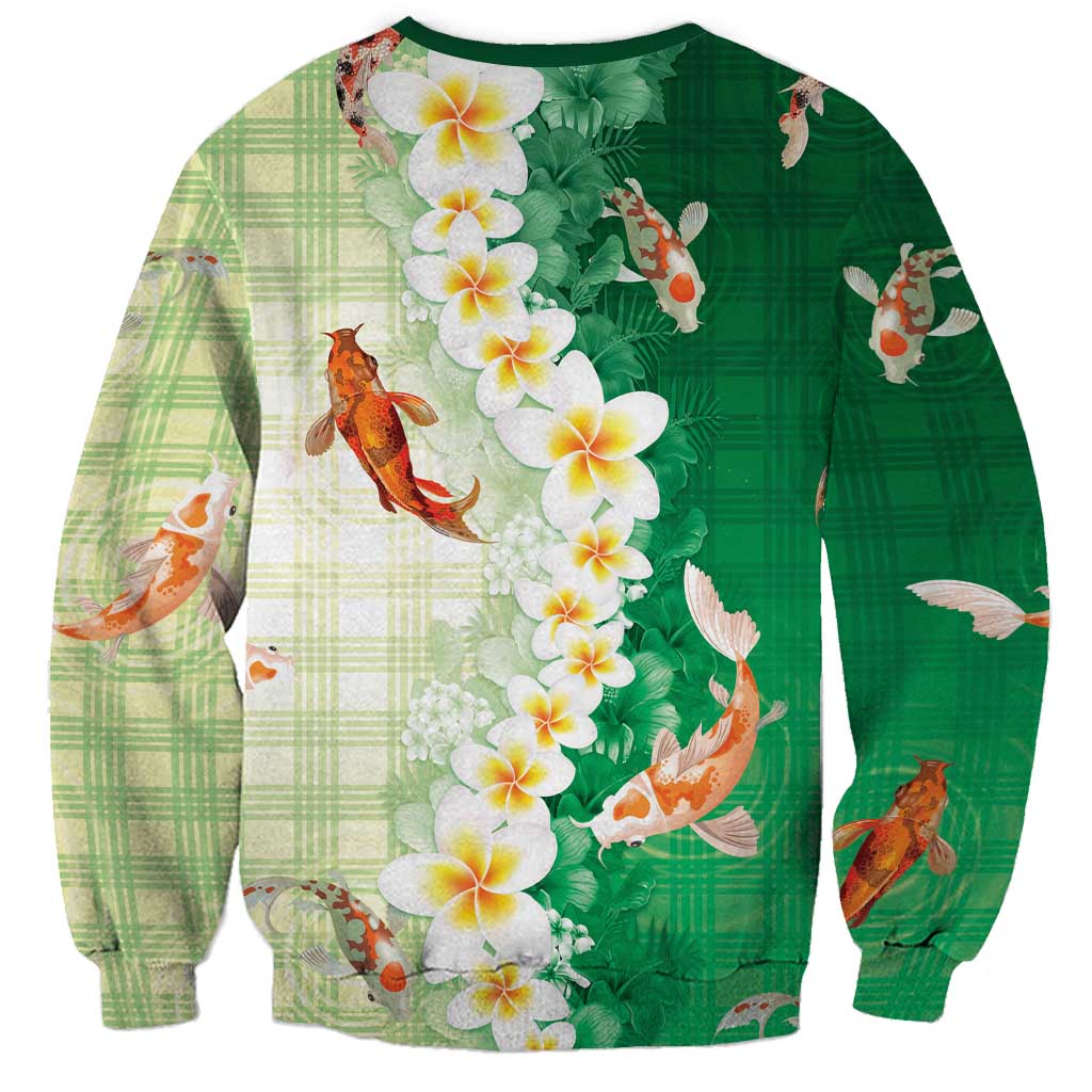 Hawaii And Japan Sweatshirt Plumeria Lei With Koi Fish Green - Polynesian Pride