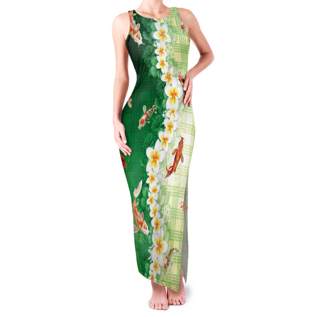 Hawaii And Japan Tank Maxi Dress Plumeria Lei With Koi Fish Green - Polynesian Pride