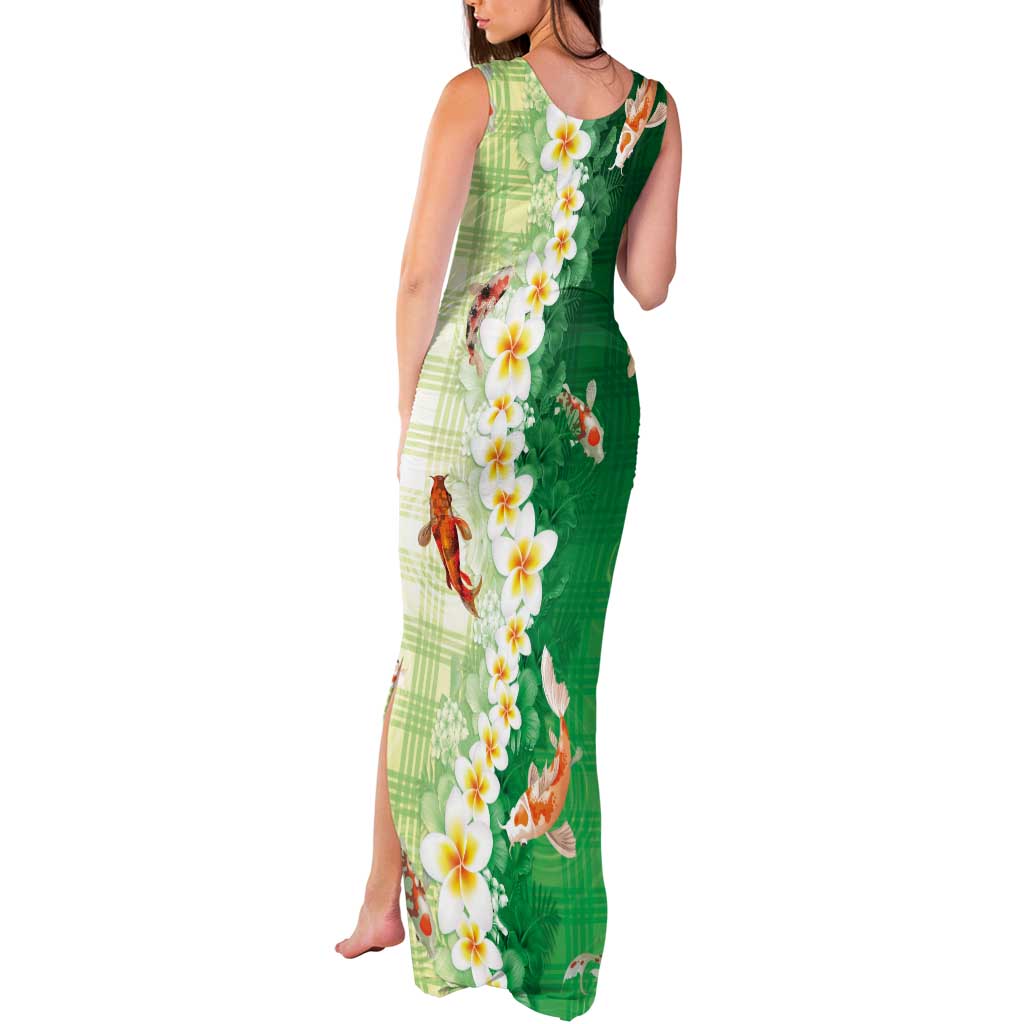 Hawaii And Japan Tank Maxi Dress Plumeria Lei With Koi Fish Green - Polynesian Pride