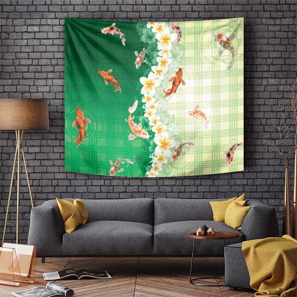 Hawaii And Japan Tapestry Plumeria Lei With Koi Fish Green - Polynesian Pride