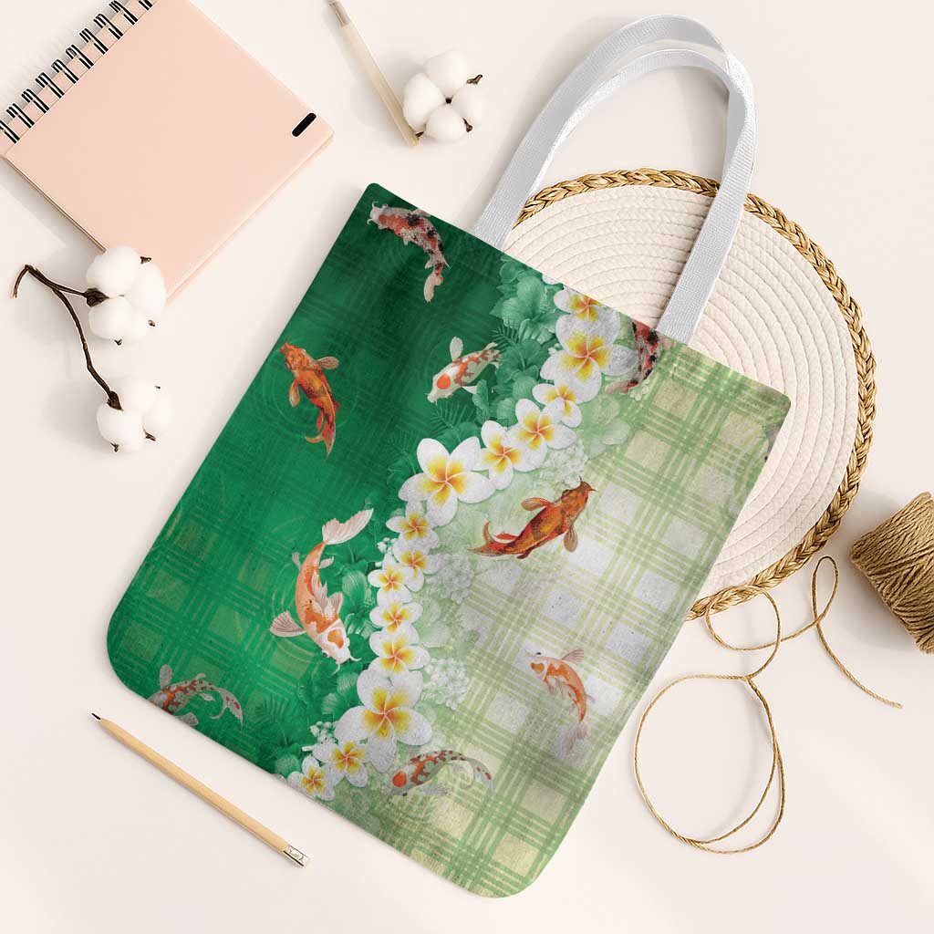 Hawaii And Japan Tote Bag Plumeria Lei With Koi Fish Green - Polynesian Pride