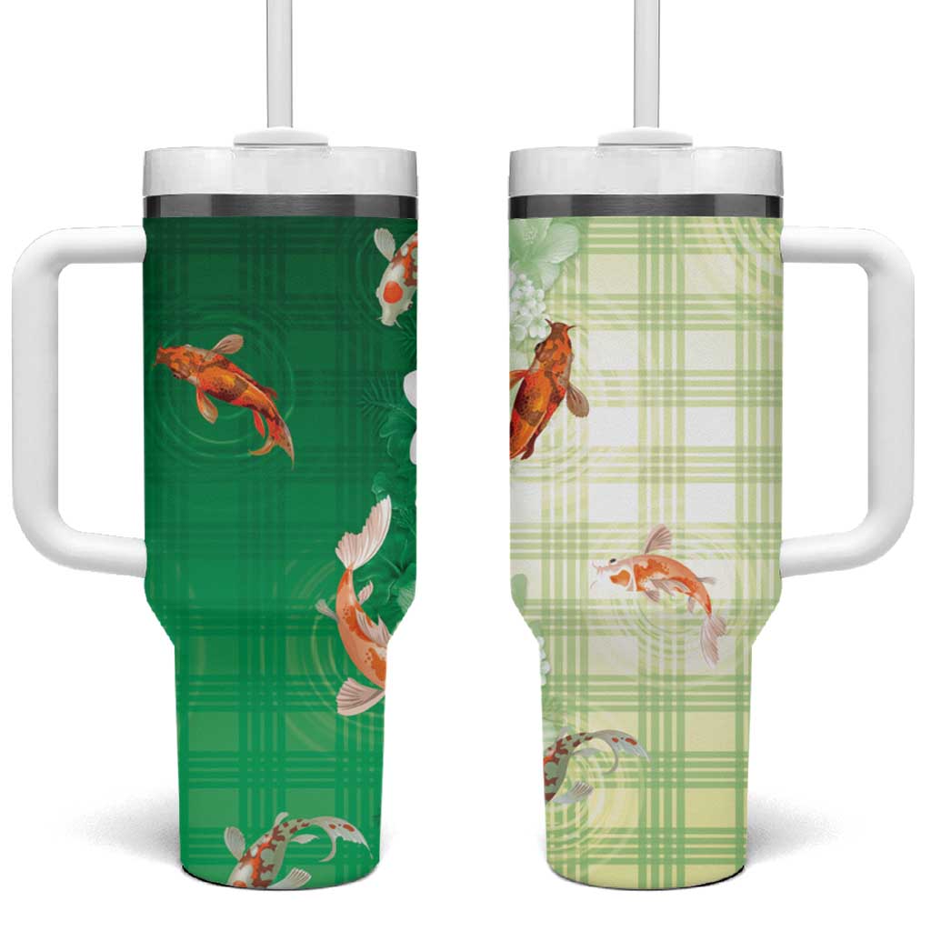 Hawaii And Japan Tumbler With Handle Plumeria Lei With Koi Fish Green - Polynesian Pride