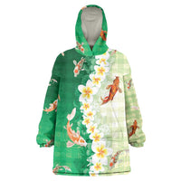 Hawaii And Japan Wearable Blanket Hoodie Plumeria Lei With Koi Fish Green - Polynesian Pride