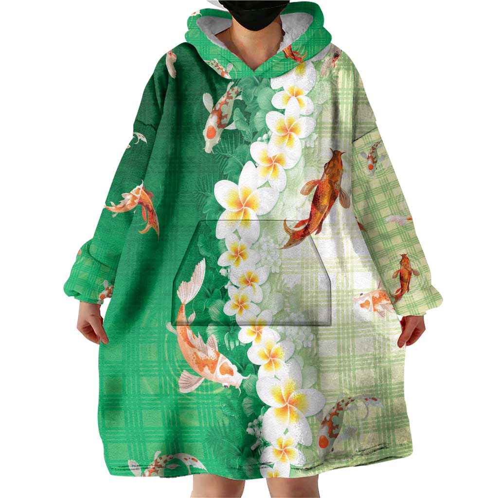 Hawaii And Japan Wearable Blanket Hoodie Plumeria Lei With Koi Fish Green - Polynesian Pride