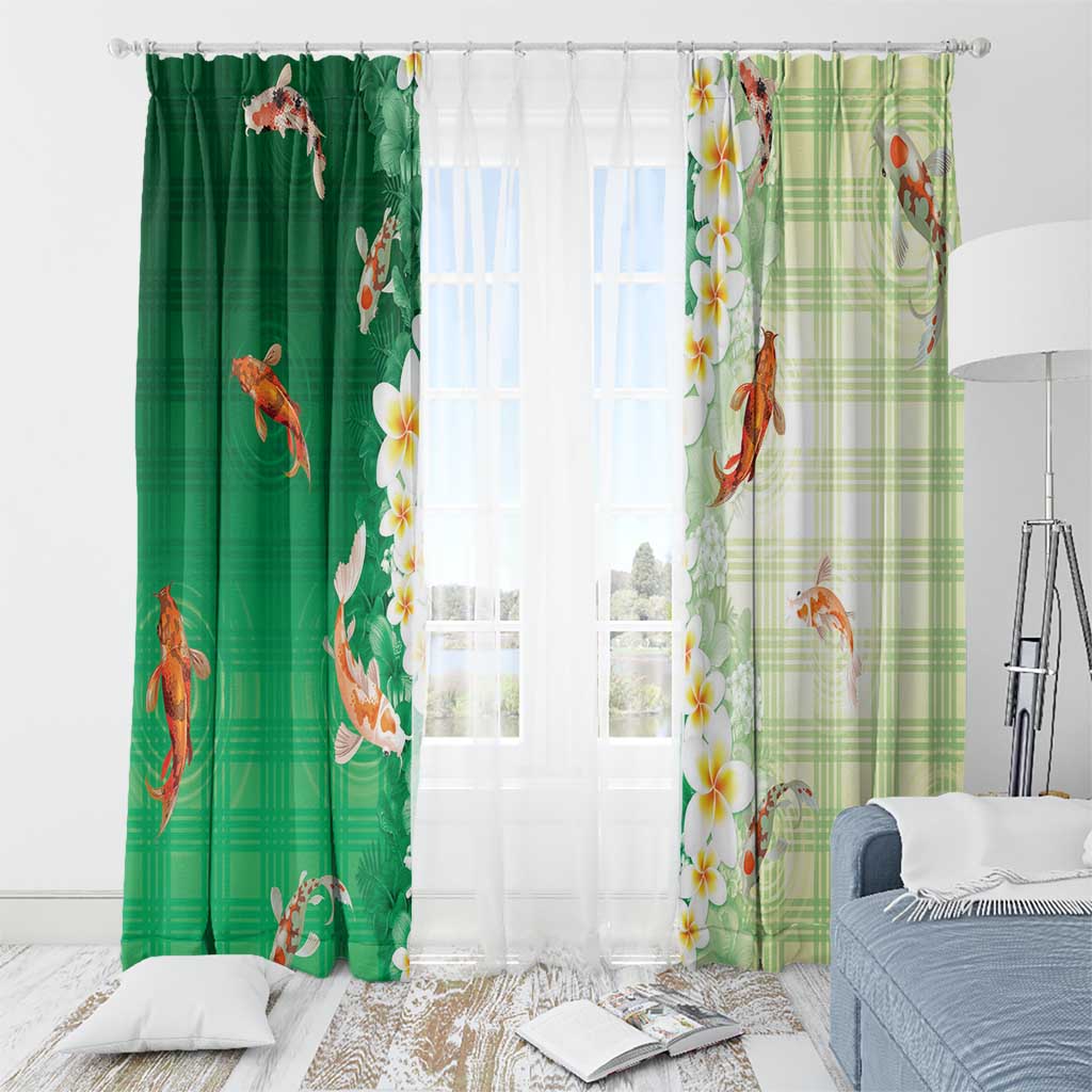 Hawaii And Japan Window Curtain Plumeria Lei With Koi Fish Green - Polynesian Pride