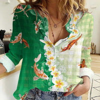 Hawaii And Japan Women Casual Shirt Plumeria Lei With Koi Fish Green - Polynesian Pride