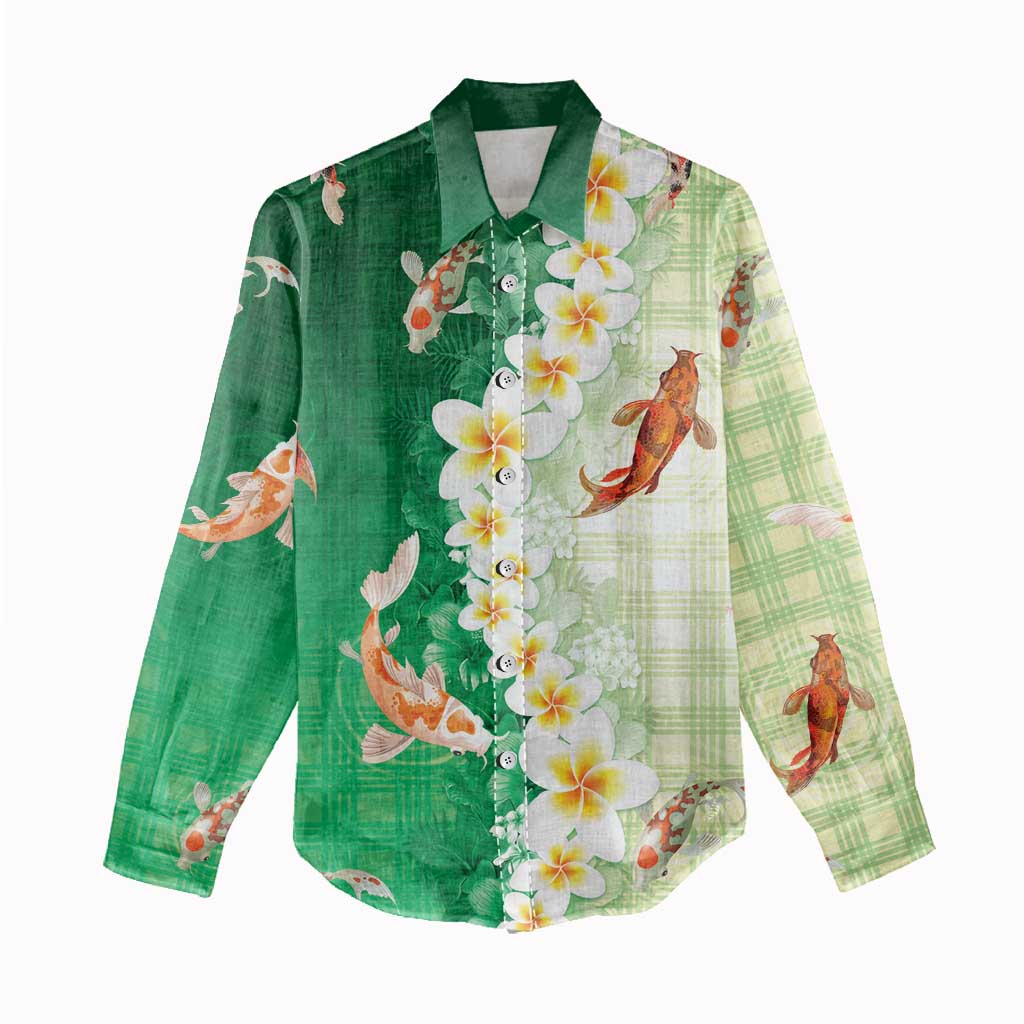 Hawaii And Japan Women Casual Shirt Plumeria Lei With Koi Fish Green - Polynesian Pride