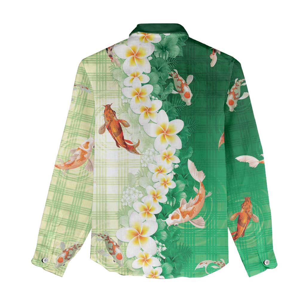 Hawaii And Japan Women Casual Shirt Plumeria Lei With Koi Fish Green - Polynesian Pride