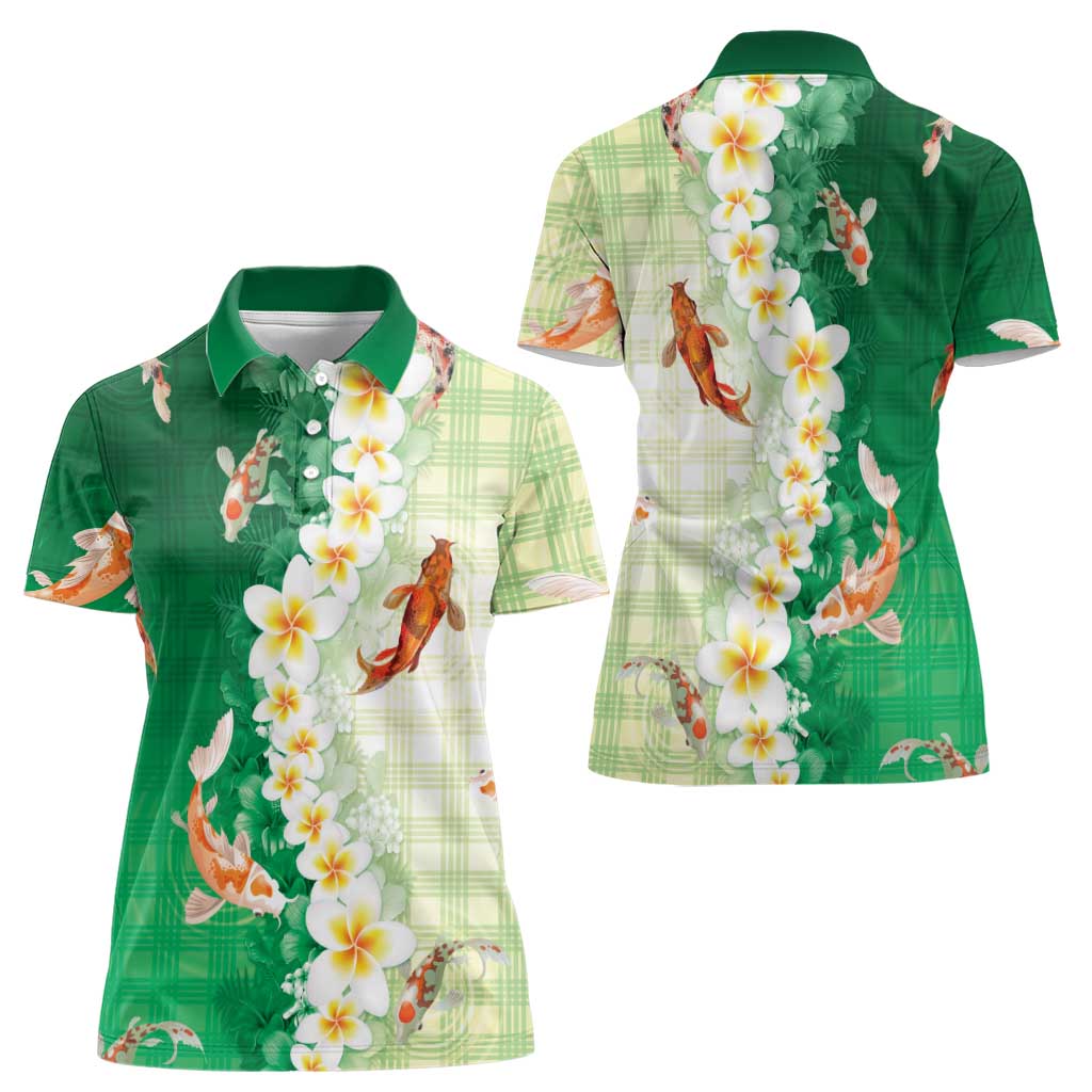 Hawaii And Japan Women Polo Shirt Plumeria Lei With Koi Fish Green - Polynesian Pride