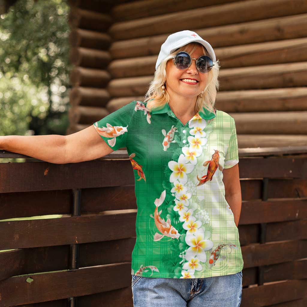 Hawaii And Japan Women Polo Shirt Plumeria Lei With Koi Fish Green - Polynesian Pride