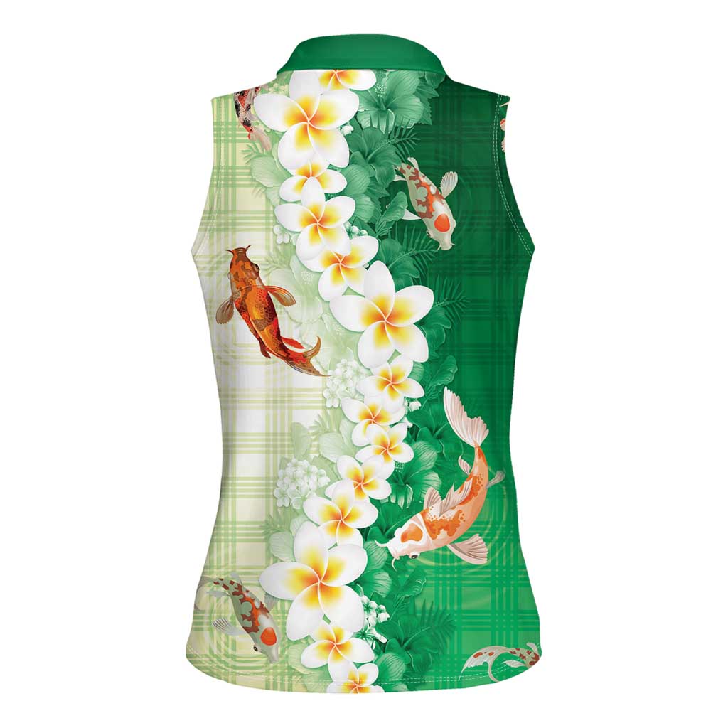 Hawaii And Japan Women Sleeveless Polo Shirt Plumeria Lei With Koi Fish Green - Polynesian Pride