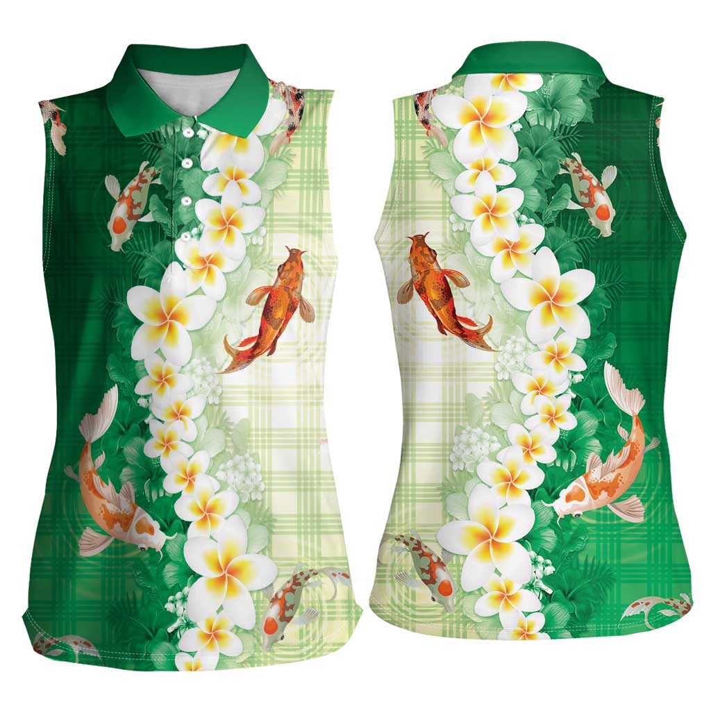 Hawaii And Japan Women Sleeveless Polo Shirt Plumeria Lei With Koi Fish Green - Polynesian Pride