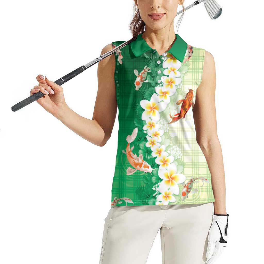 Hawaii And Japan Women Sleeveless Polo Shirt Plumeria Lei With Koi Fish Green - Polynesian Pride