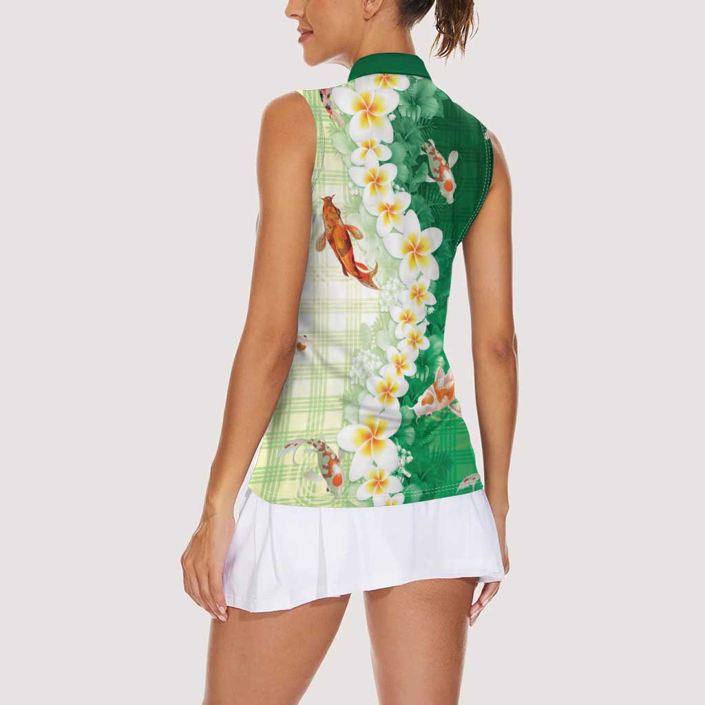 Hawaii And Japan Women Sleeveless Polo Shirt Plumeria Lei With Koi Fish Green - Polynesian Pride