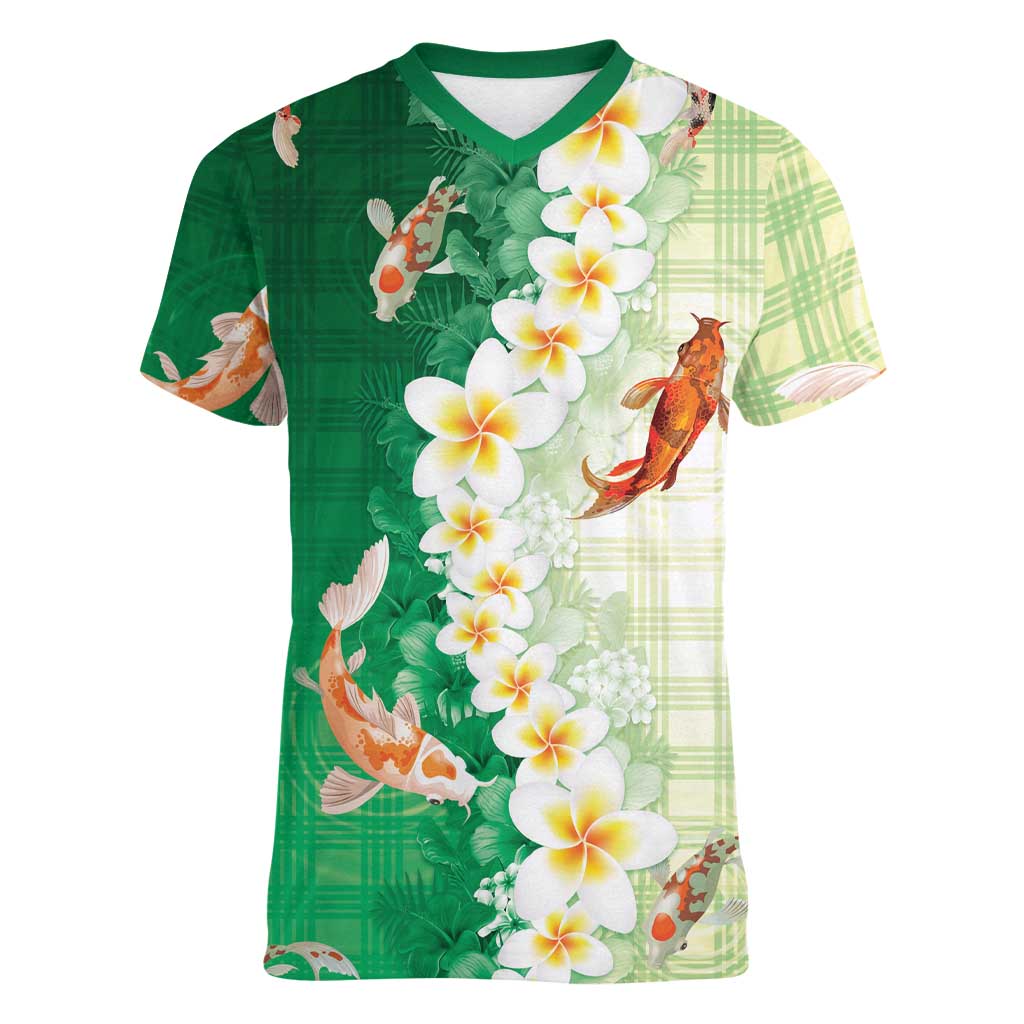 Hawaii And Japan Women V-Neck T-Shirt Plumeria Lei With Koi Fish Green - Polynesian Pride