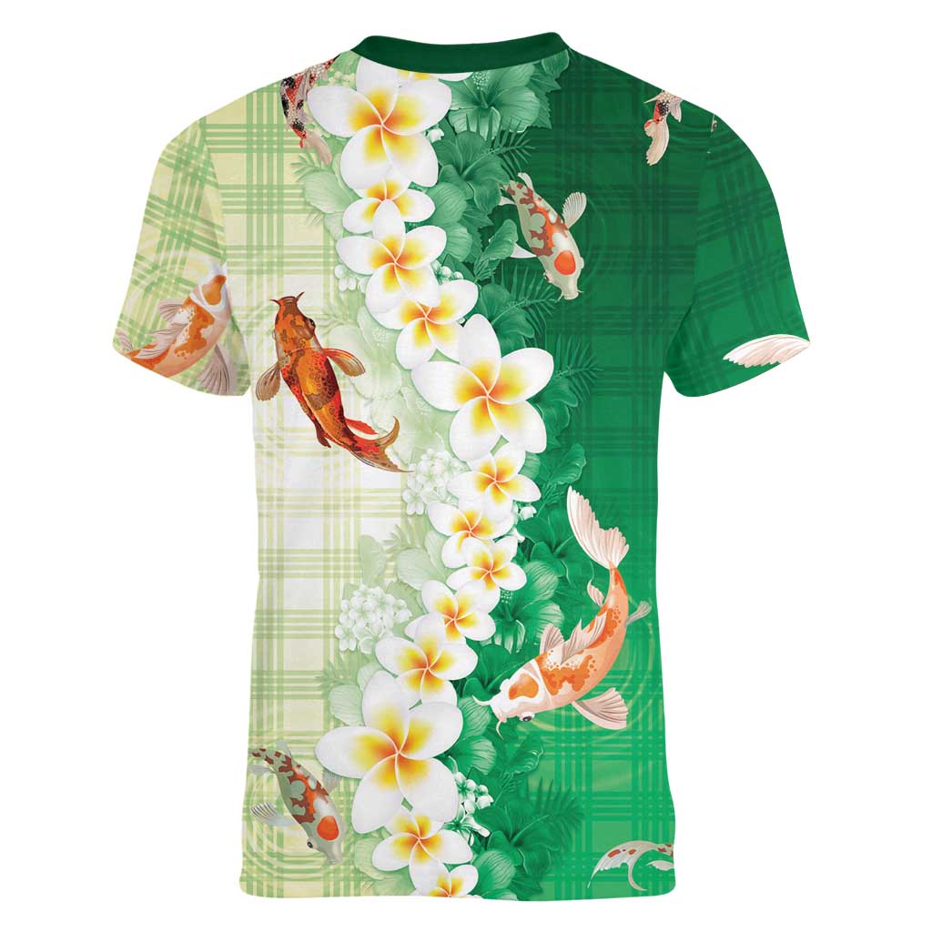 Hawaii And Japan Women V-Neck T-Shirt Plumeria Lei With Koi Fish Green - Polynesian Pride