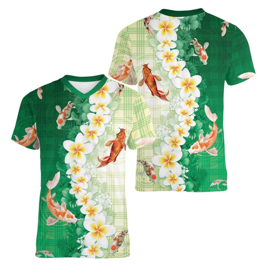 Hawaii And Japan Women V-Neck T-Shirt Plumeria Lei With Koi Fish Green - Polynesian Pride
