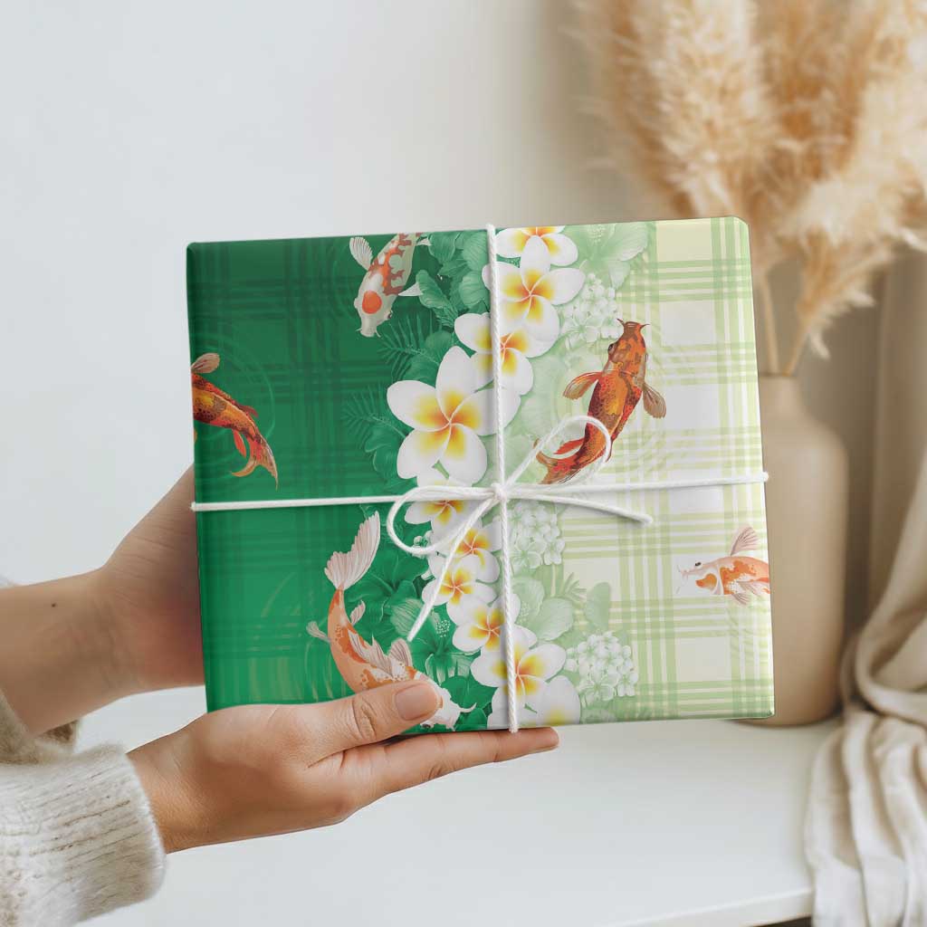 Hawaii And Japan Wrapping Paper Plumeria Lei With Koi Fish Green