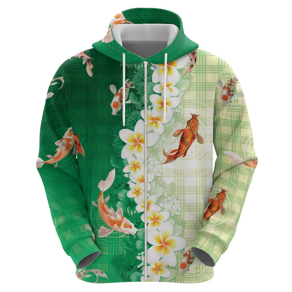 Hawaii And Japan Zip Hoodie Plumeria Lei With Koi Fish Green - Polynesian Pride