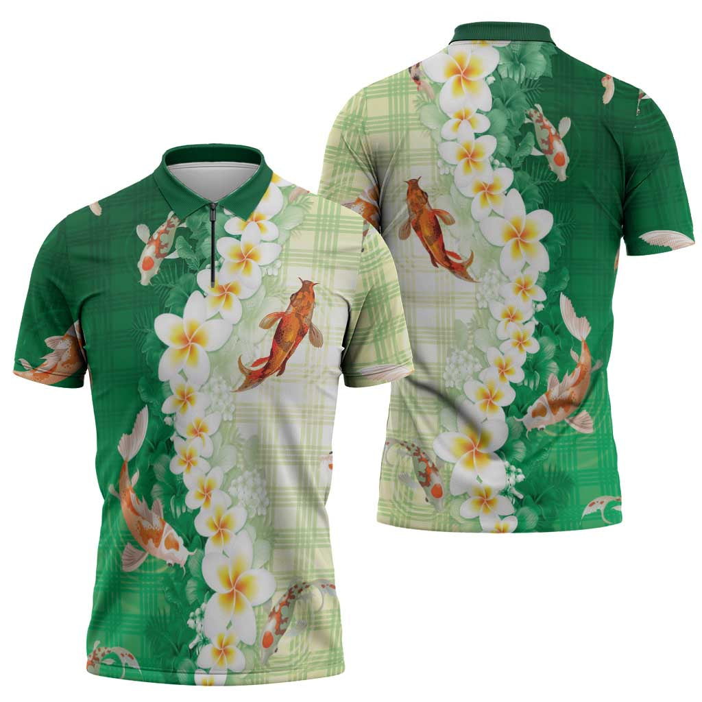 Hawaii And Japan Zipper Polo Shirt Plumeria Lei With Koi Fish Green - Polynesian Pride