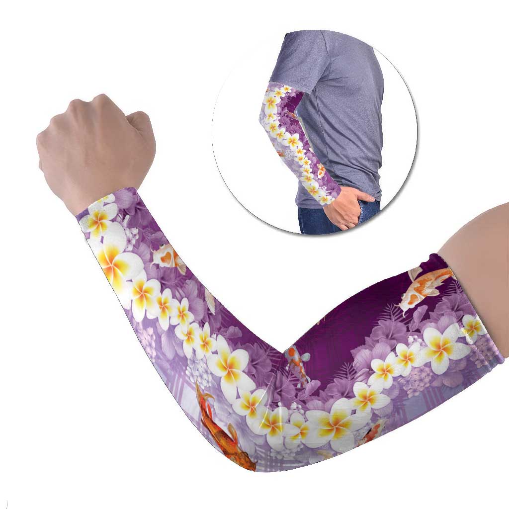 Hawaii And Japan Arm Sleeves Plumeria Lei With Koi Fish Purple - Polynesian Pride