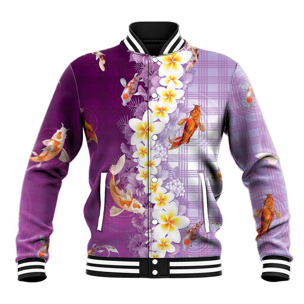 Hawaii And Japan Baseball Jacket Plumeria Lei With Koi Fish Purple - Polynesian Pride