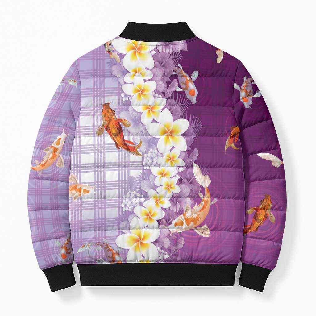 Hawaii And Japan Bomber Puffer Jacket Plumeria Lei With Koi Fish Purple - Polynesian Pride