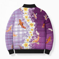 Hawaii And Japan Bomber Puffer Jacket Plumeria Lei With Koi Fish Purple - Polynesian Pride