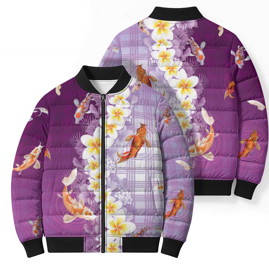 Hawaii And Japan Bomber Puffer Jacket Plumeria Lei With Koi Fish Purple - Polynesian Pride