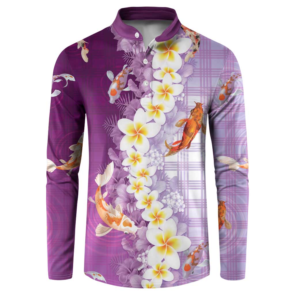 Hawaii And Japan Button Sweatshirt Plumeria Lei With Koi Fish Purple - Polynesian Pride
