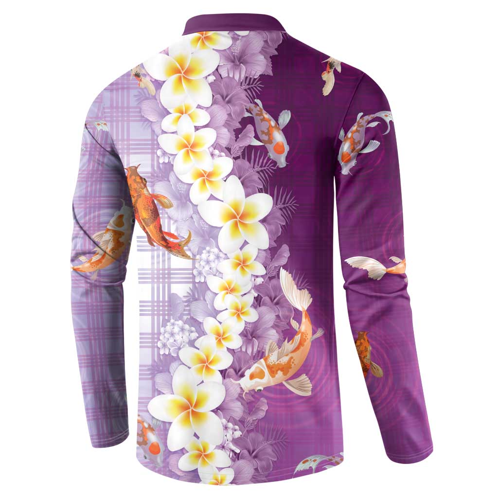 Hawaii And Japan Button Sweatshirt Plumeria Lei With Koi Fish Purple - Polynesian Pride