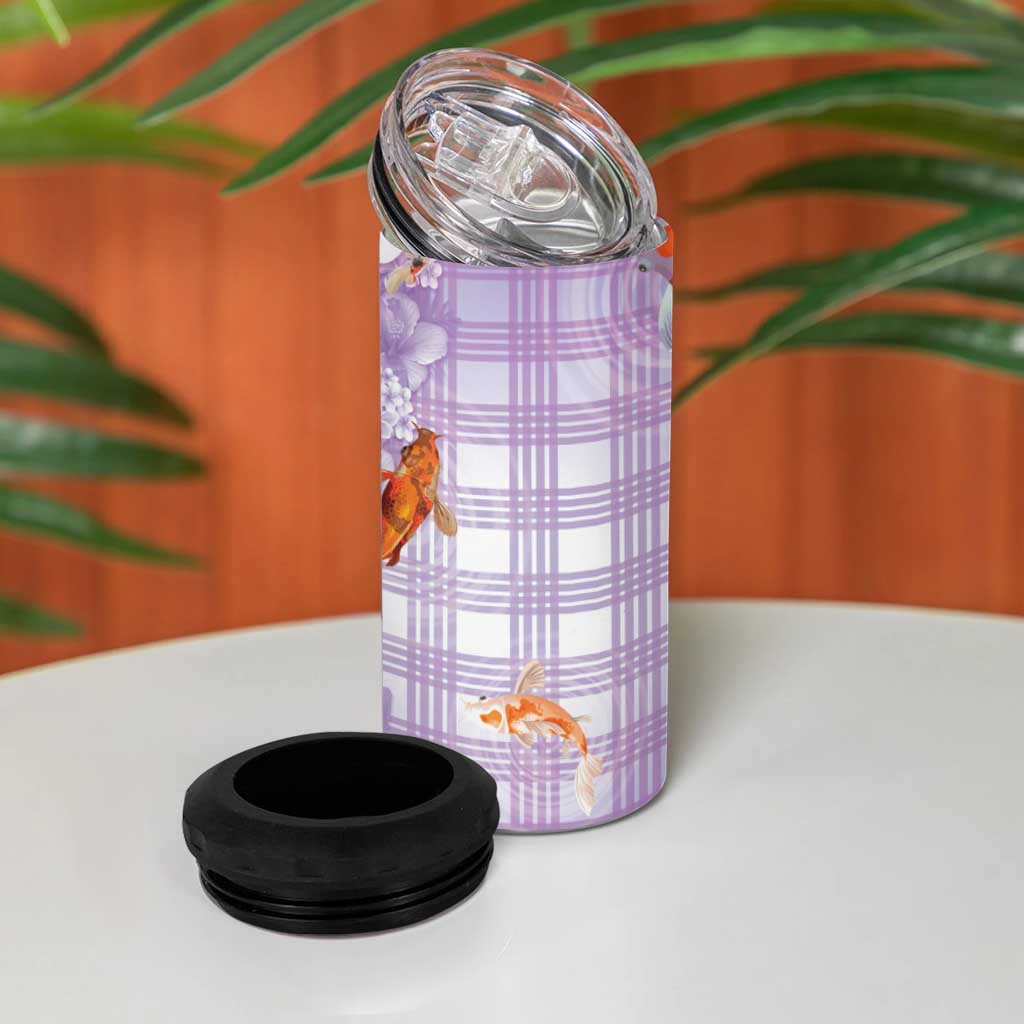Hawaii And Japan 4 in 1 Can Cooler Tumbler Plumeria Lei With Koi Fish Purple - Polynesian Pride
