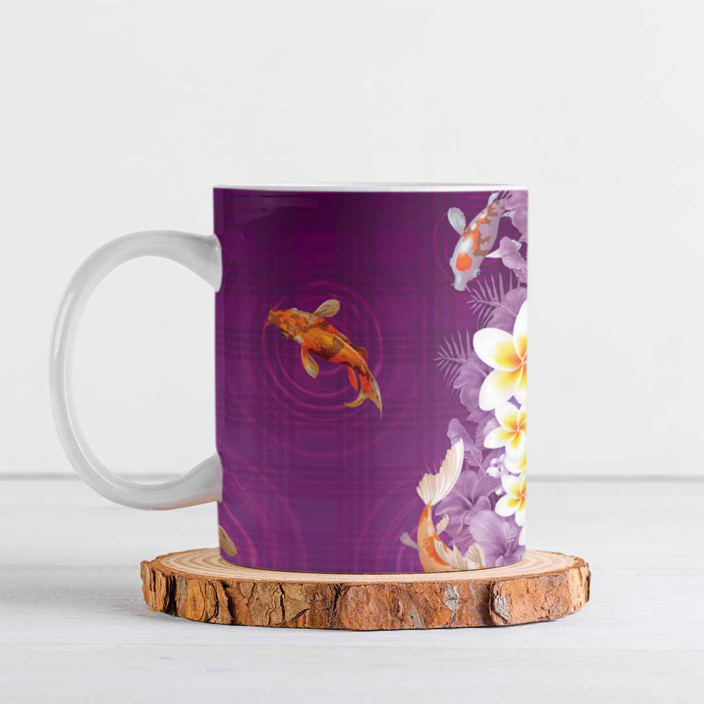 Hawaii And Japan Ceramic Mug Plumeria Lei With Koi Fish Purple - Polynesian Pride
