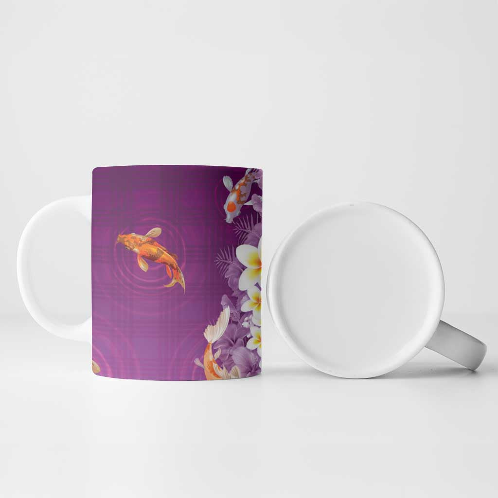 Hawaii And Japan Ceramic Mug Plumeria Lei With Koi Fish Purple - Polynesian Pride
