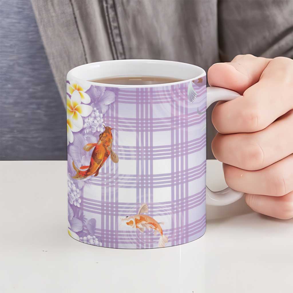 Hawaii And Japan Ceramic Mug Plumeria Lei With Koi Fish Purple - Polynesian Pride
