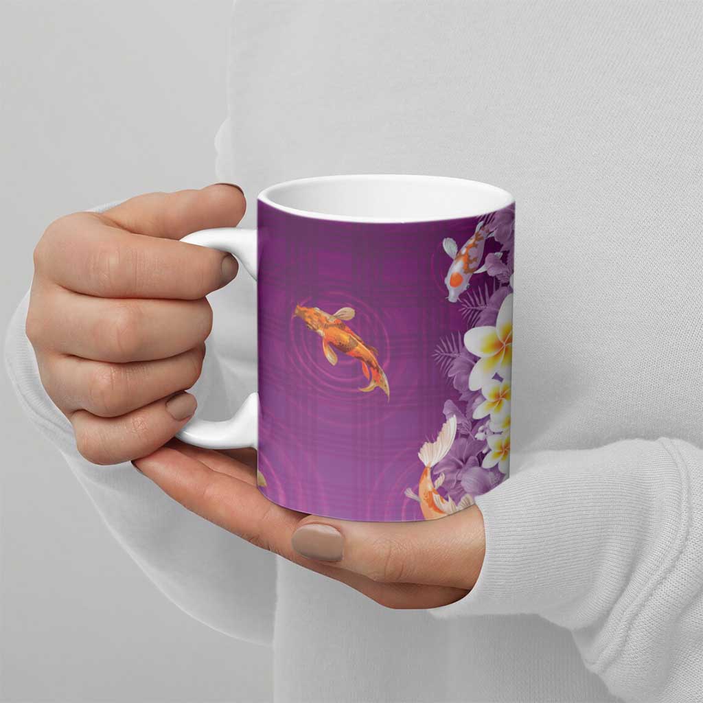 Hawaii And Japan Ceramic Mug Plumeria Lei With Koi Fish Purple - Polynesian Pride