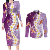 Hawaii And Japan Couples Matching Long Sleeve Bodycon Dress and Long Sleeve Button Shirt Plumeria Lei With Koi Fish Purple - Polynesian Pride