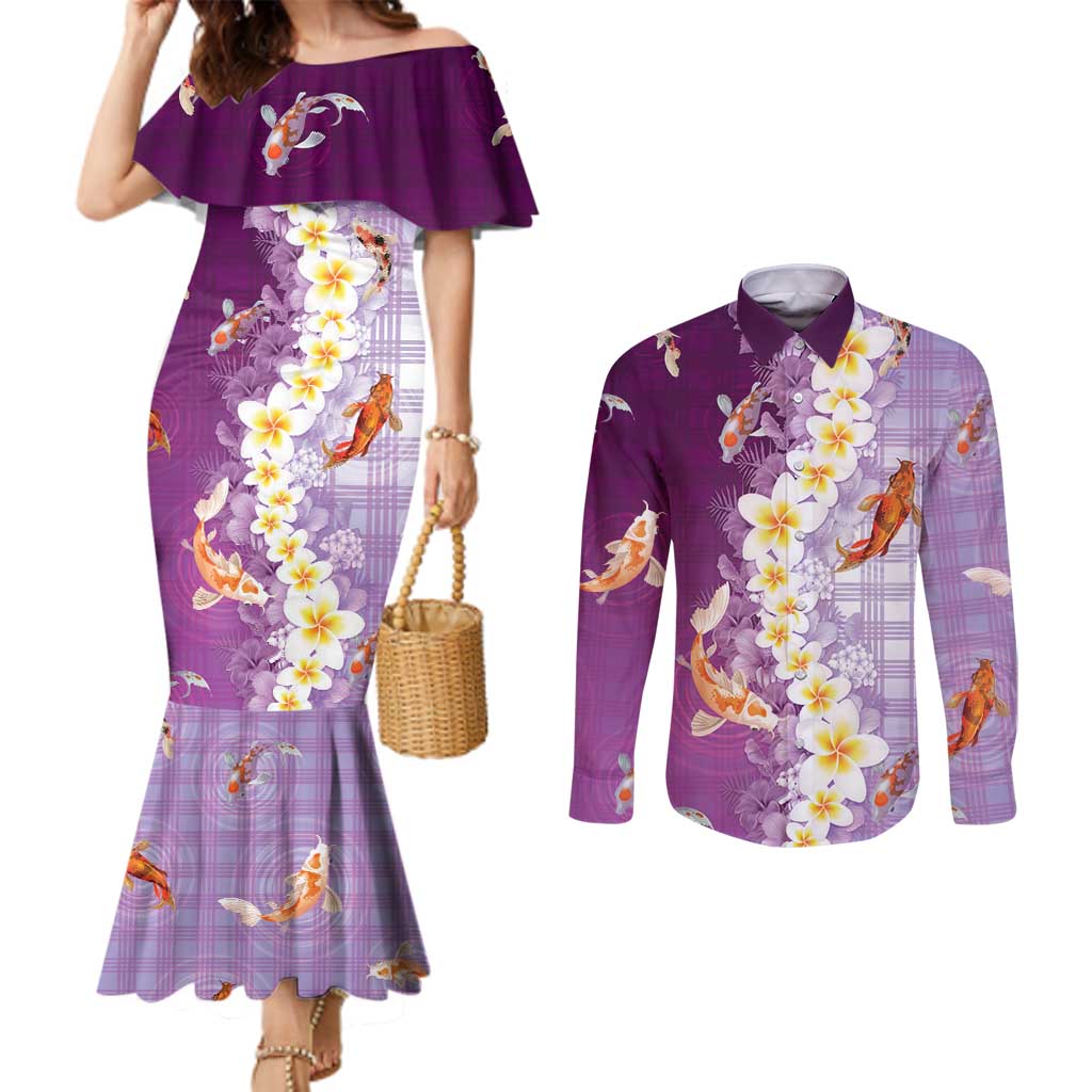 Hawaii And Japan Couples Matching Mermaid Dress and Long Sleeve Button Shirt Plumeria Lei With Koi Fish Purple - Polynesian Pride