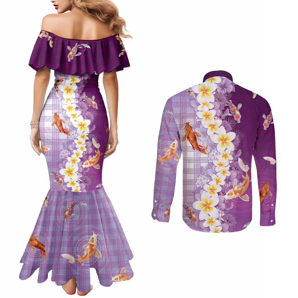 Hawaii And Japan Couples Matching Mermaid Dress and Long Sleeve Button Shirt Plumeria Lei With Koi Fish Purple - Polynesian Pride