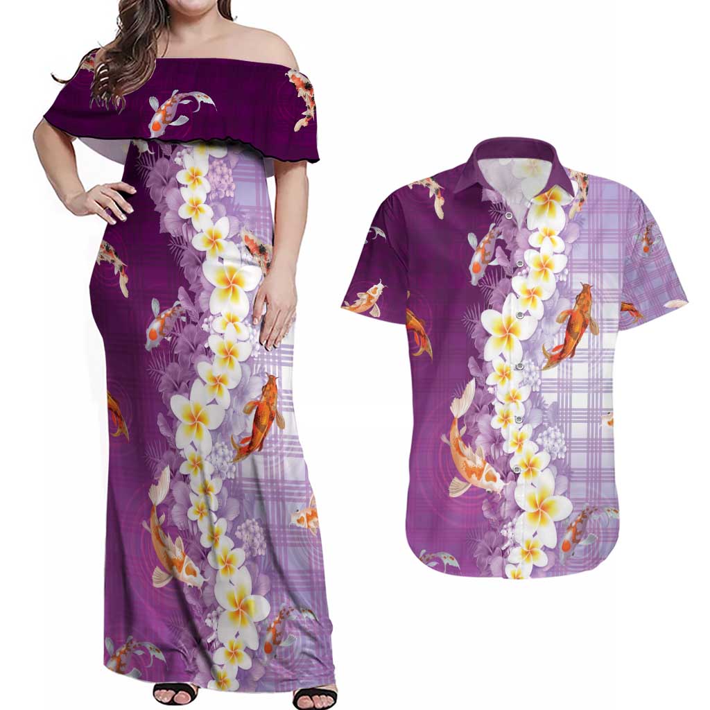 Hawaii And Japan Couples Matching Off Shoulder Maxi Dress and Hawaiian Shirt Plumeria Lei With Koi Fish Purple - Polynesian Pride