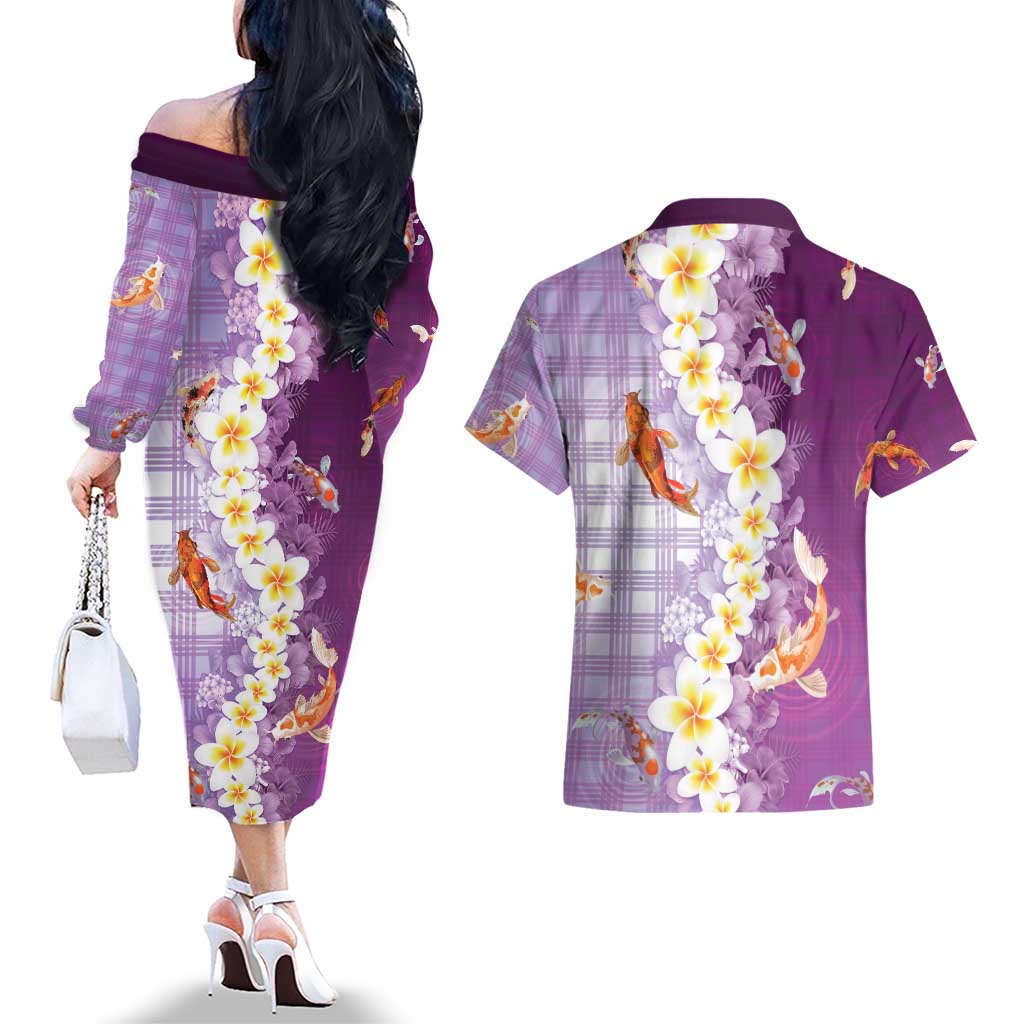 Hawaii And Japan Couples Matching Off The Shoulder Long Sleeve Dress and Hawaiian Shirt Plumeria Lei With Koi Fish Purple - Polynesian Pride