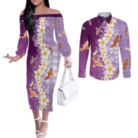 Hawaii And Japan Couples Matching Off The Shoulder Long Sleeve Dress and Long Sleeve Button Shirt Plumeria Lei With Koi Fish Purple - Polynesian Pride