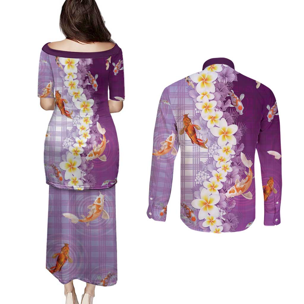 Hawaii And Japan Couples Matching Puletasi and Long Sleeve Button Shirt Plumeria Lei With Koi Fish Purple - Polynesian Pride