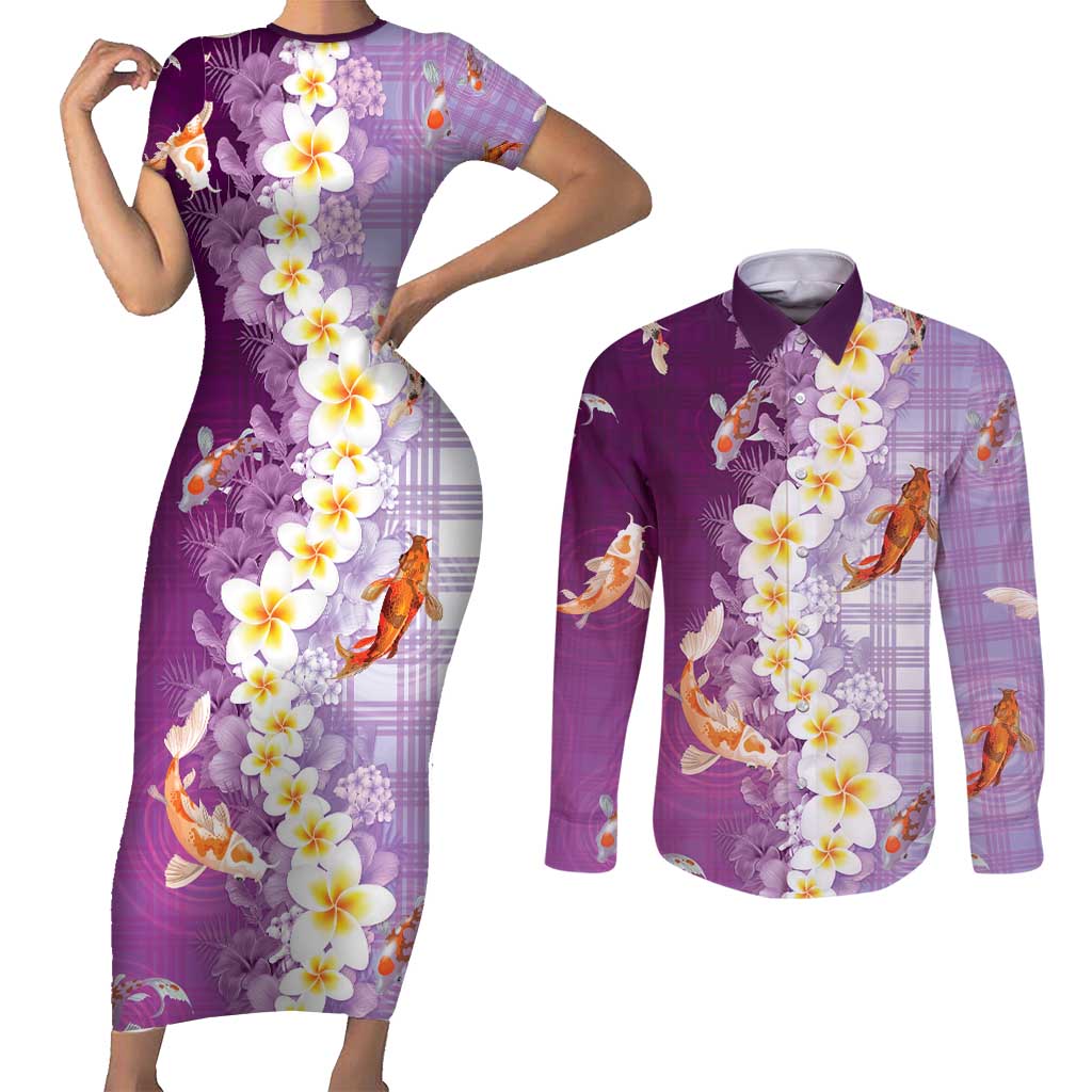 Hawaii And Japan Couples Matching Short Sleeve Bodycon Dress and Long Sleeve Button Shirt Plumeria Lei With Koi Fish Purple - Polynesian Pride